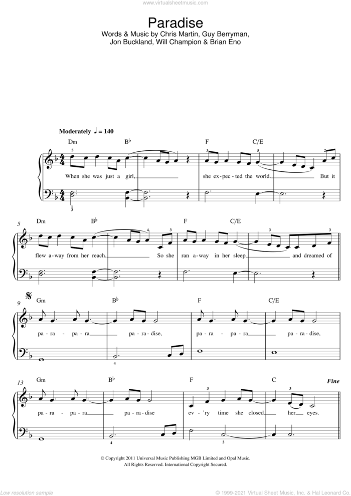 Paradise sheet music for piano solo (beginners) by Coldplay, Brian Eno, Chris Martin, Guy Berryman, Jon Buckland, Jonny Buckland and Will Champion, beginner piano (beginners)