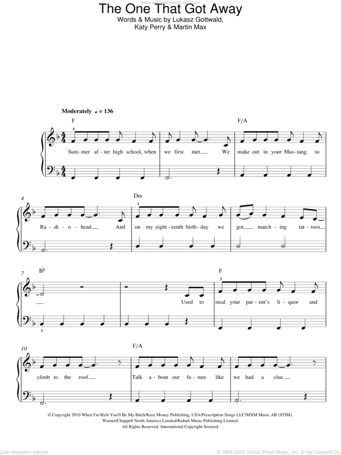 The One That Got Away sheet music for piano solo by Katy Perry, Lukasz Gottwald and Martin Max, easy skill level