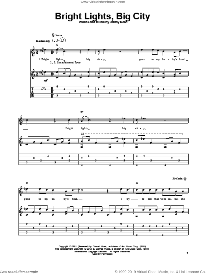 Bright Lights, Big City sheet music for guitar solo by Jimmy Reed and Sonny James, intermediate skill level