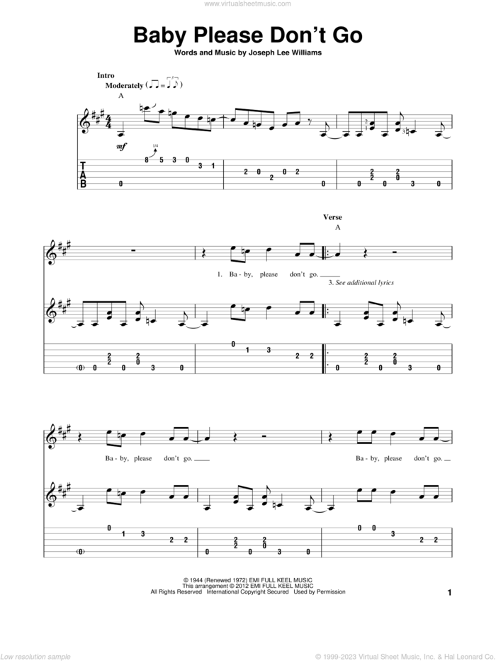Baby Please Don't Go sheet music for guitar solo by Muddy Waters, Joseph Lee Williams and Van Morrison, intermediate skill level