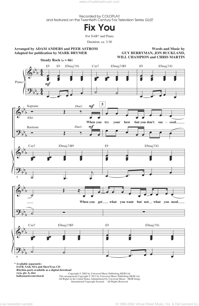 Fix You sheet music for choir (SAB: soprano, alto, bass) by Glee Cast, Chris Martin, Guy Berryman, Jon Buckland, Will Champion, Adam Anders, Coldplay, Mark Brymer and Peer Astrom, intermediate skill level