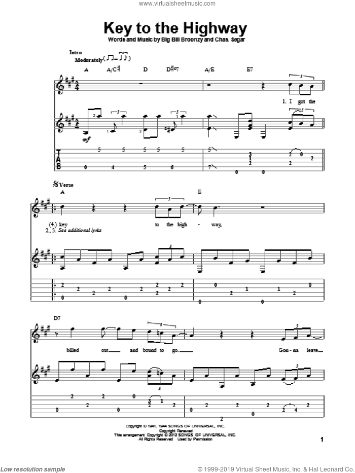 Key To The Highway sheet music for guitar solo by Big Bill Broonzy, Charles Segar and Eric Clapton, intermediate skill level