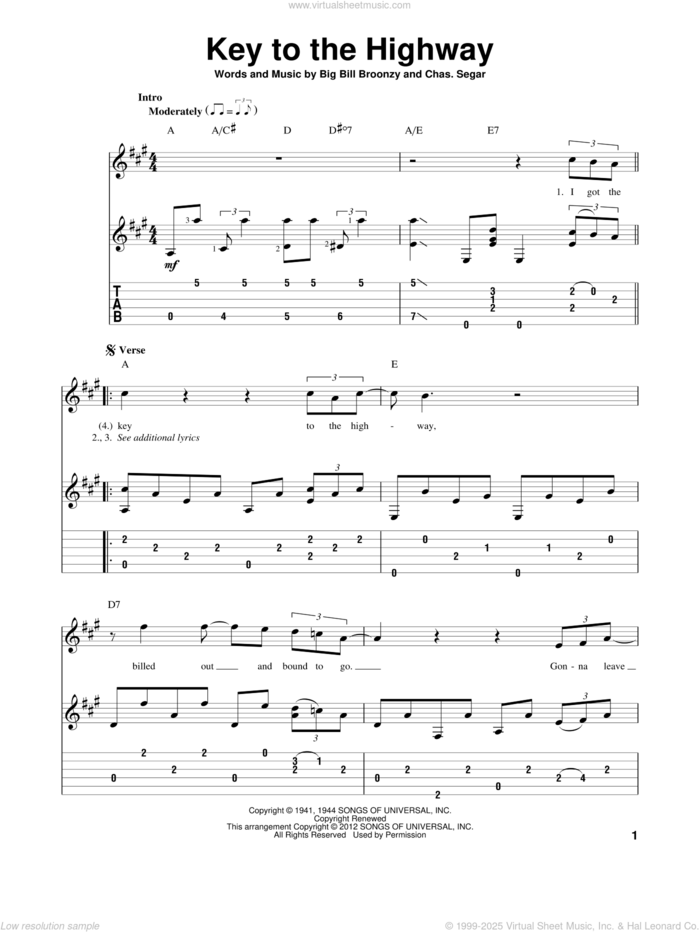 Key To The Highway sheet music for guitar solo by Big Bill Broonzy, Charles Segar and Eric Clapton, intermediate skill level