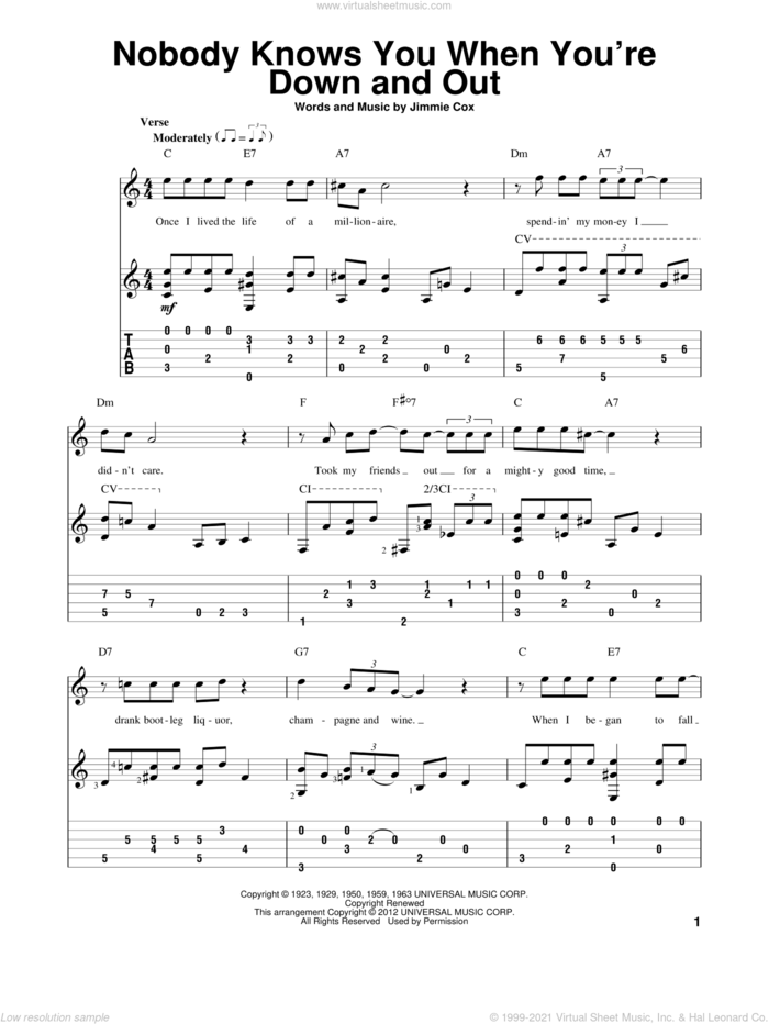 Nobody Knows You When You're Down And Out sheet music for guitar solo by Bessie Smith, Eric Clapton and Jimmie Cox, intermediate skill level