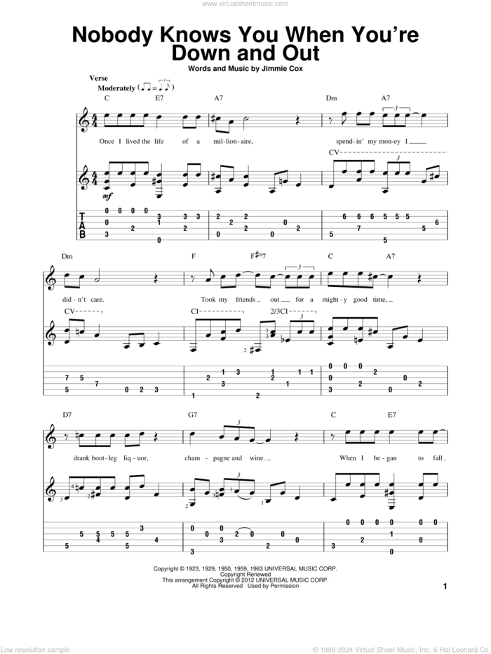 Nobody Knows You When You're Down And Out sheet music for guitar solo by Bessie Smith, Eric Clapton and Jimmie Cox, intermediate skill level