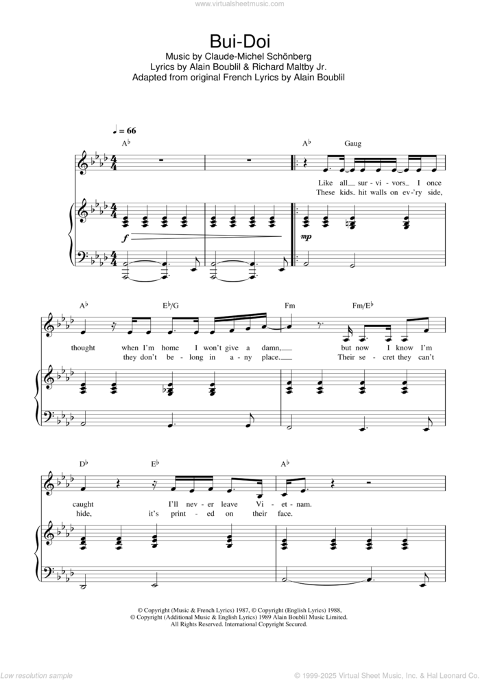 Bui-Doi (from Miss Saigon) sheet music for voice, piano or guitar by Claude-Michel Schonberg, Miss Saigon (Musical), Alain Boublil and Richard Maltby, Jr., intermediate skill level