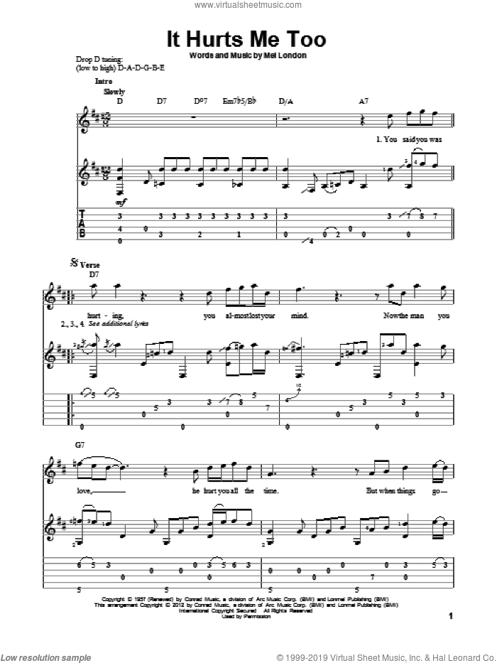 It Hurts Me Too sheet music for guitar solo by Elmore James, Eric Clapton and Mel London, intermediate skill level