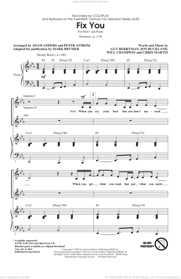 Fix You sheet music for choir (SSA: soprano, alto) by Glee Cast, Chris Martin, Guy Berryman, Jon Buckland, Will Champion, Adam Anders, Coldplay, Mark Brymer and Peer Astrom, intermediate skill level