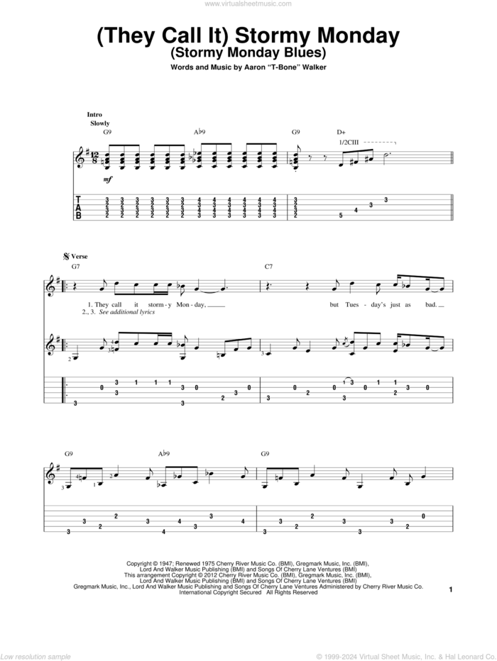 (They Call It) Stormy Monday (Stormy Monday Blues) sheet music for guitar solo by Aaron 'T-Bone' Walker, intermediate skill level