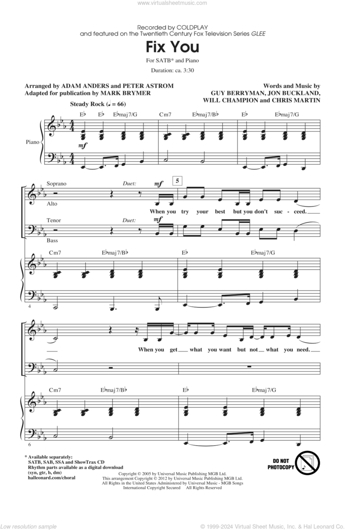 Fix You sheet music for choir (SATB: soprano, alto, tenor, bass) by Glee Cast, Chris Martin, Guy Berryman, Jon Buckland, Will Champion, Adam Anders, Coldplay, Mark Brymer and Peer Astrom, intermediate skill level