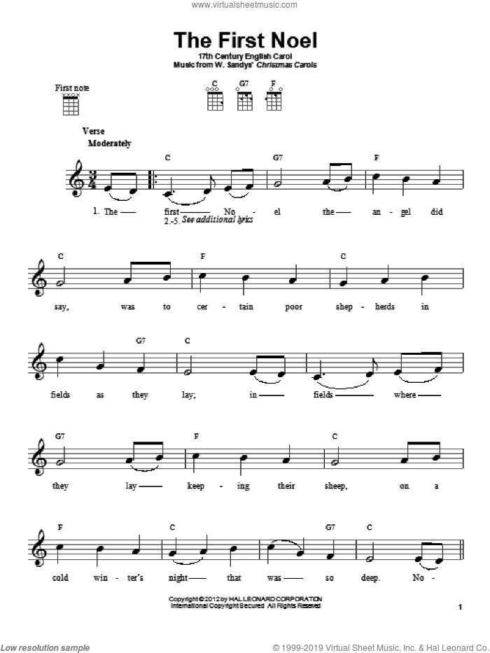 The First Noel sheet music for ukulele by Anonymous and Miscellaneous, intermediate skill level