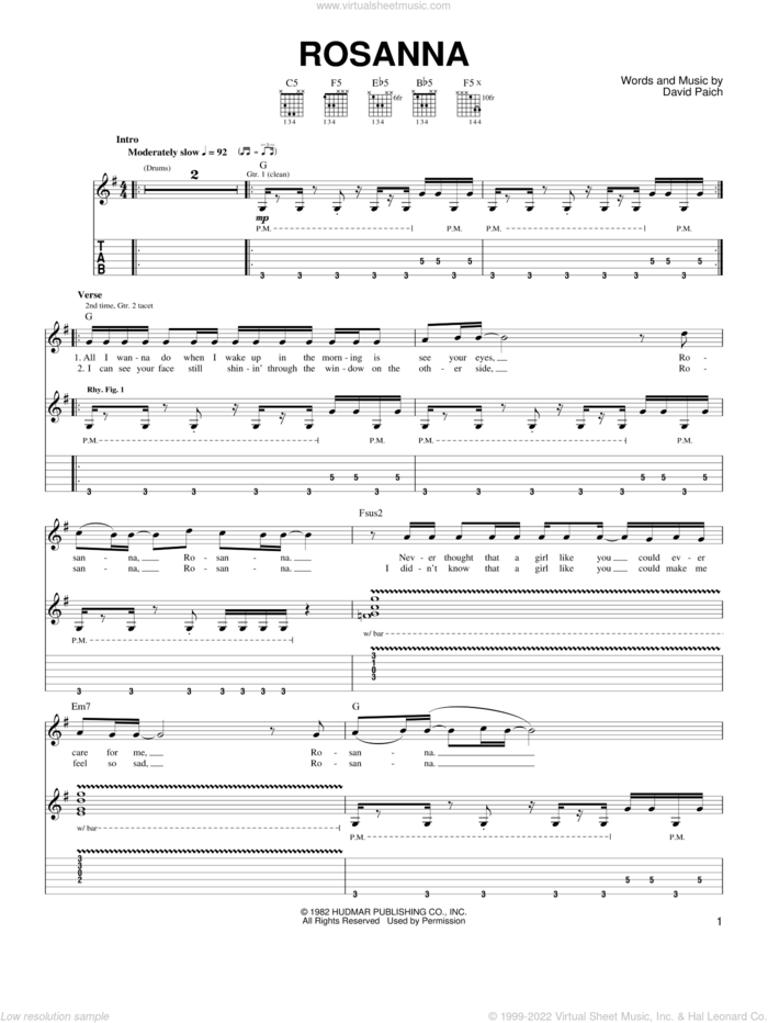 Rosanna sheet music for guitar solo (chords) by Toto and David Paich, easy guitar (chords)