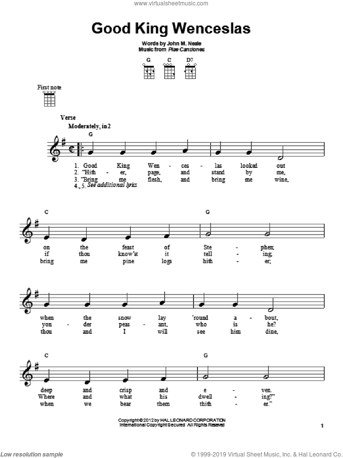 Good King Wenceslas sheet music for ukulele by Piae Cantiones and John Mason Neale, intermediate skill level