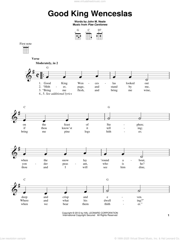 Good King Wenceslas sheet music for ukulele by Piae Cantiones and John Mason Neale, intermediate skill level