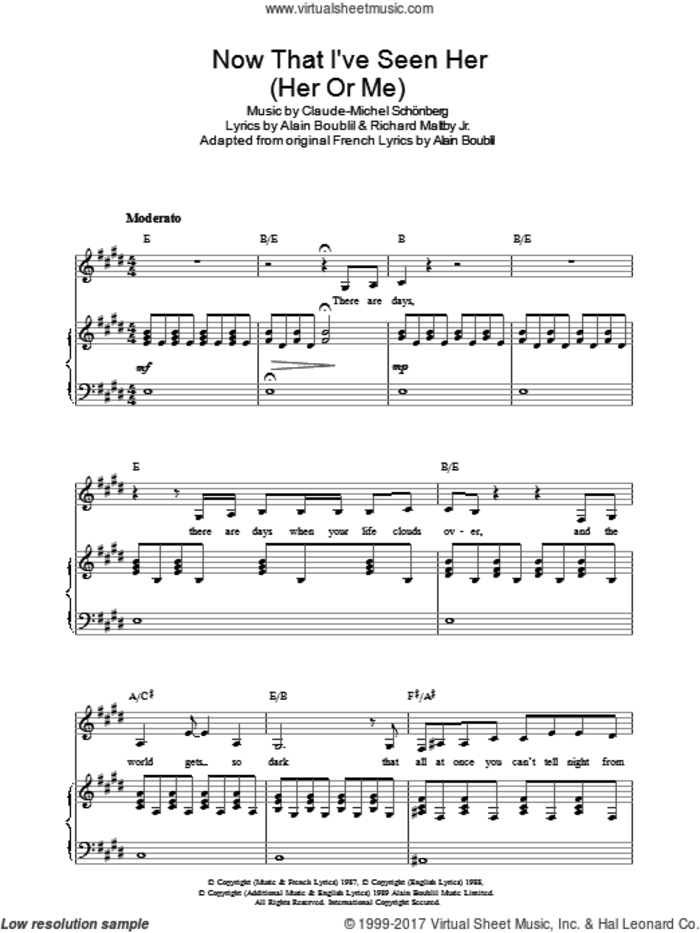 Now That I've Seen Her sheet music for voice, piano or guitar by Claude-Michel Schonberg, Miss Saigon (Musical), Alain Boublil and Richard Maltby, Jr., intermediate skill level