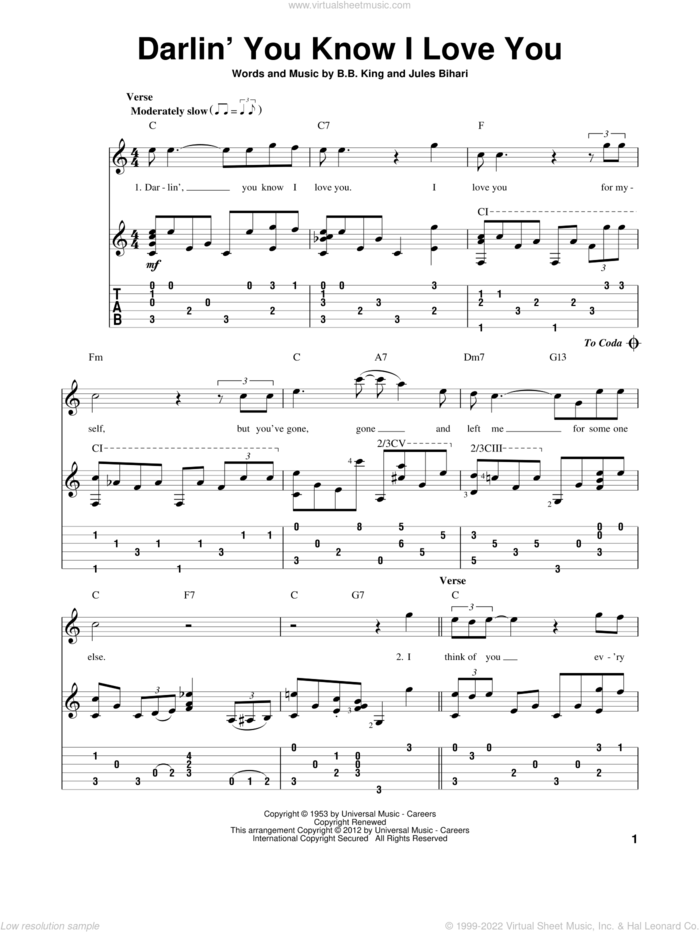 Darlin' You Know I Love You sheet music for guitar solo by B.B. King and Jules Bihari, intermediate skill level