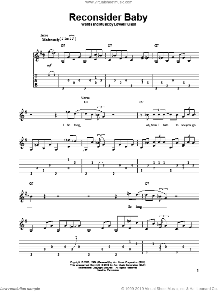 Reconsider Baby sheet music for guitar solo by Lowell Fulson and Eric Clapton, intermediate skill level