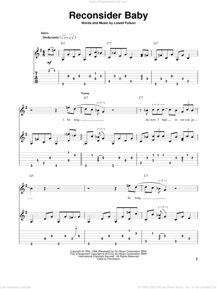 Reconsider Baby sheet music for guitar solo by Lowell Fulson and Eric Clapton, intermediate skill level