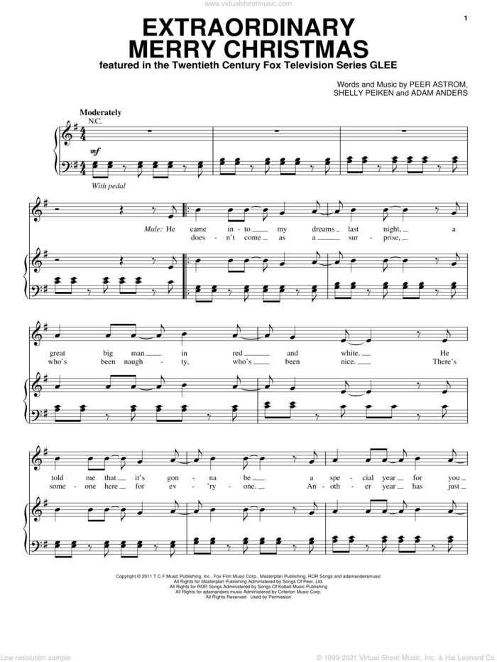 Extraordinary Merry Christmas sheet music for voice, piano or guitar by Glee Cast, Adam Anders, Peer Astrom and Shelly Peiken, intermediate skill level