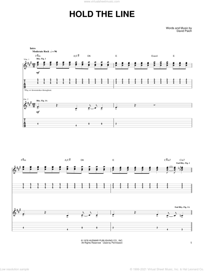 Hold The Line sheet music for guitar solo (chords) by Toto and David Paich, easy guitar (chords)