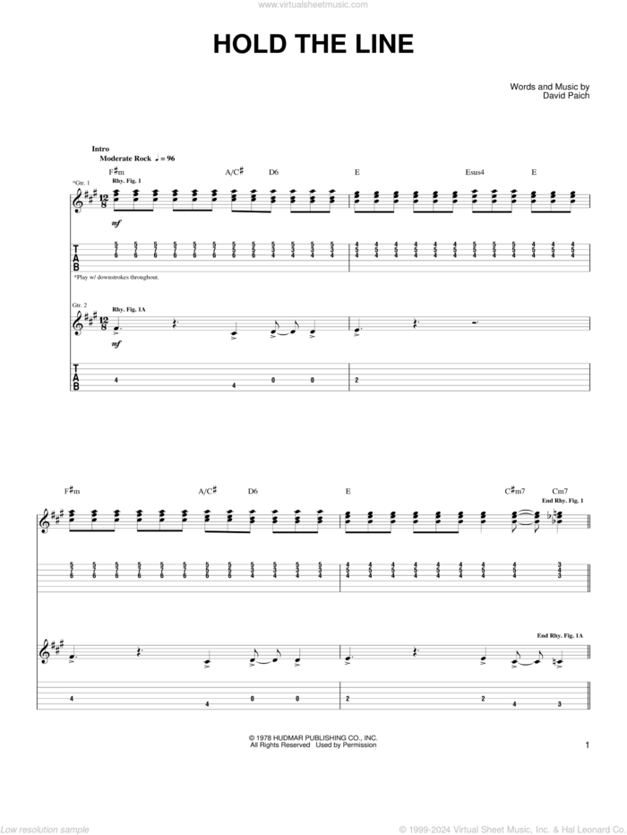 Hold The Line sheet music for guitar solo (chords) by Toto and David Paich, easy guitar (chords)