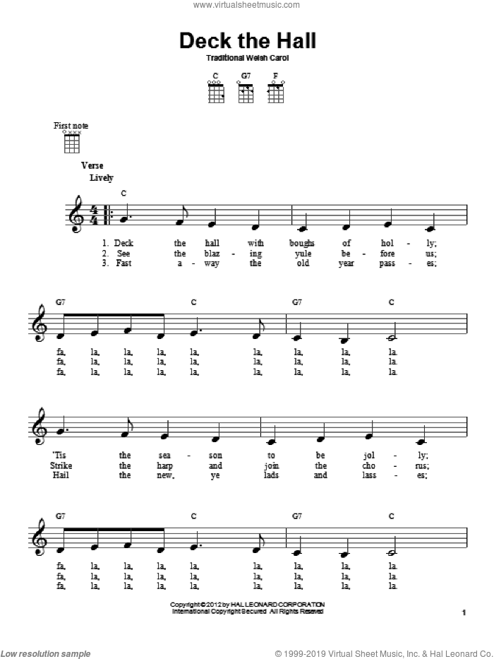 Deck The Hall sheet music for ukulele, intermediate skill level
