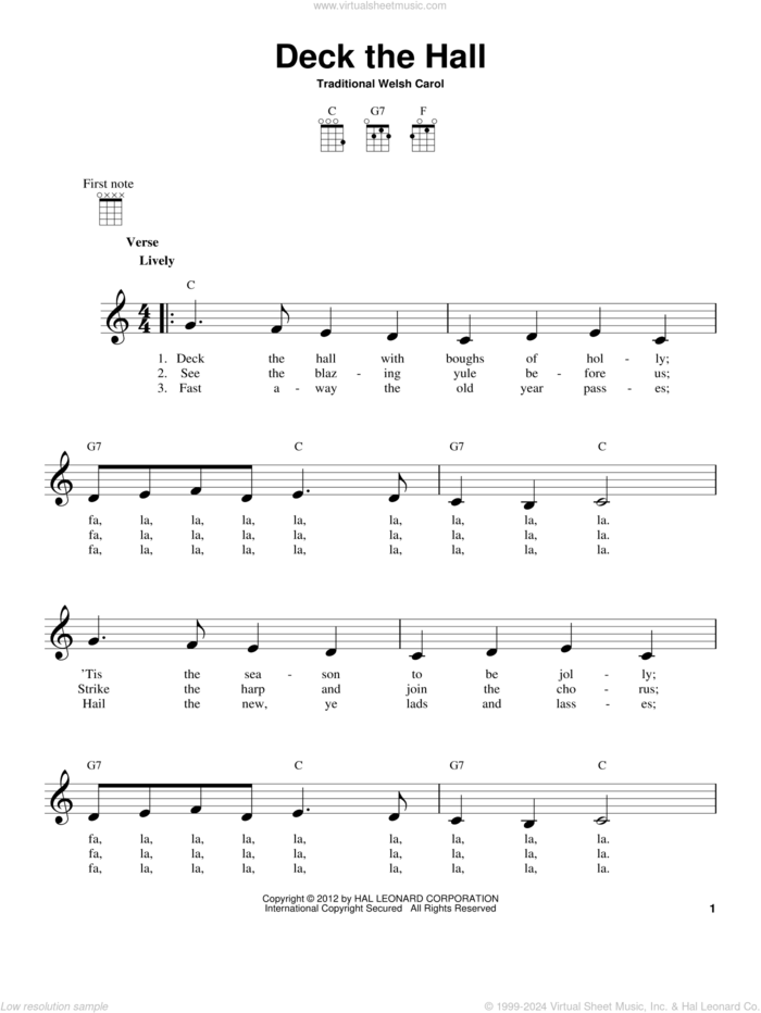 Deck The Hall sheet music for ukulele, intermediate skill level