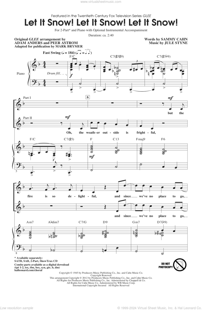 Let It Snow! Let It Snow! Let It Snow! (adapted by Mark Brymer) sheet music for choir (2-Part) by Sammy Cahn, Jule Styne, Adam Anders, Glee Cast, Mark Brymer and Peer Astrom, intermediate duet