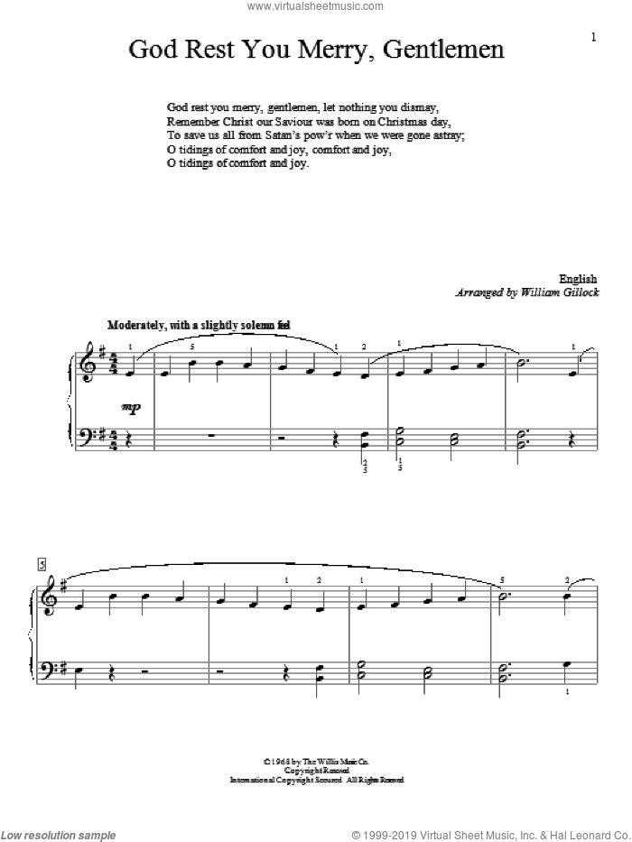 God Rest You Merry, Gentlemen sheet music for piano solo (elementary) by William Gillock, beginner piano (elementary)