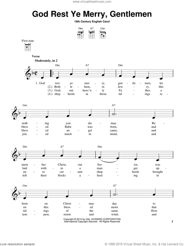 God Rest Ye Merry, Gentlemen sheet music for ukulele by Anonymous and 19th Century English Carol, intermediate skill level