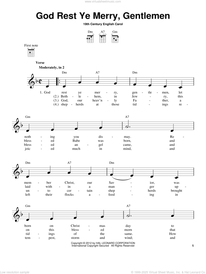 God Rest Ye Merry, Gentlemen sheet music for ukulele by Anonymous and 19th Century English Carol, intermediate skill level