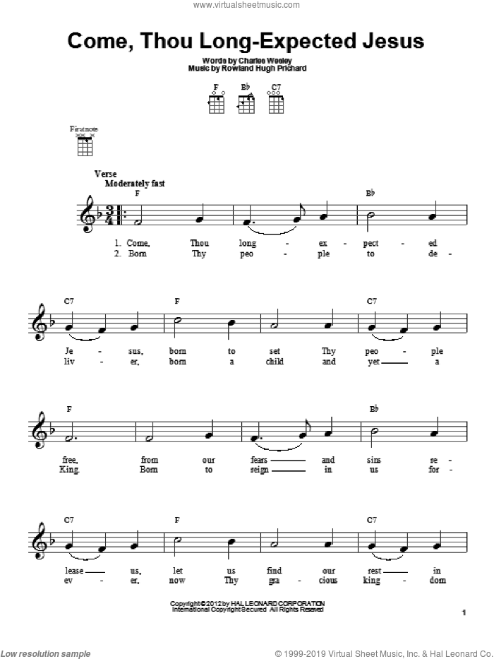 Come, Thou Long-Expected Jesus sheet music for ukulele by Charles Wesley and Rowland Prichard, intermediate skill level