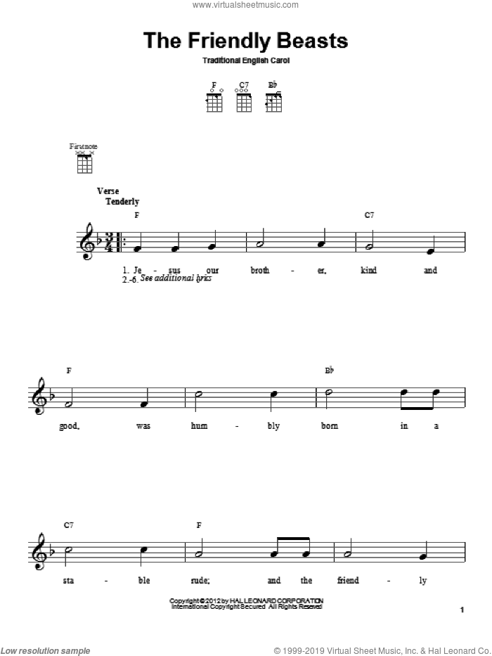 The Friendly Beasts sheet music for ukulele, intermediate skill level