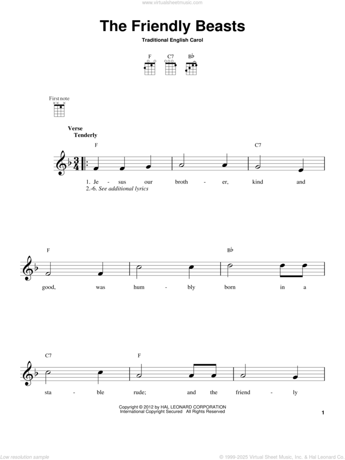 The Friendly Beasts sheet music for ukulele, intermediate skill level