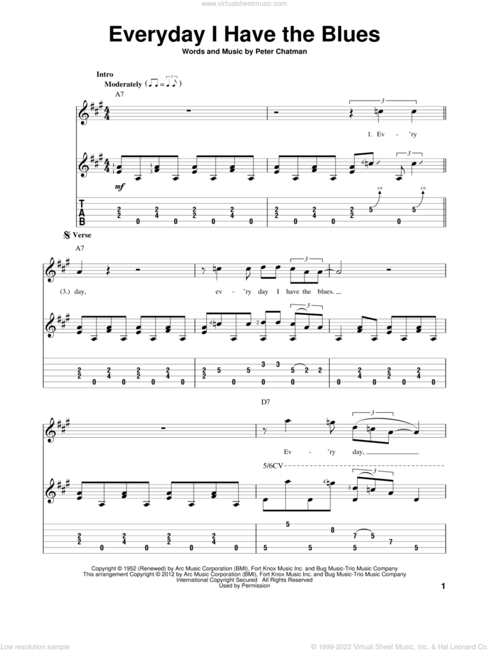 Everyday I Have The Blues sheet music for guitar solo by Memphis Slim, B.B. King and Peter Chatman, intermediate skill level