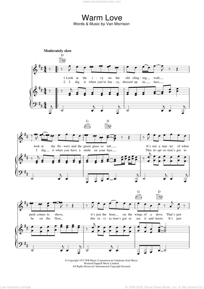 Warm Love sheet music for voice, piano or guitar by Van Morrison, intermediate skill level