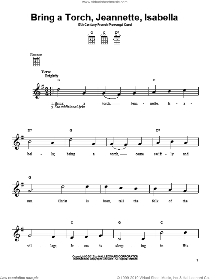 Bring A Torch, Jeannette, Isabella sheet music for ukulele by Anonymous and Miscellaneous, intermediate skill level
