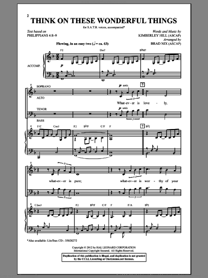 Think On These Wonderful Things sheet music for choir (SATB: soprano, alto, tenor, bass) by Brad Nix and Kimberley Hill, intermediate skill level