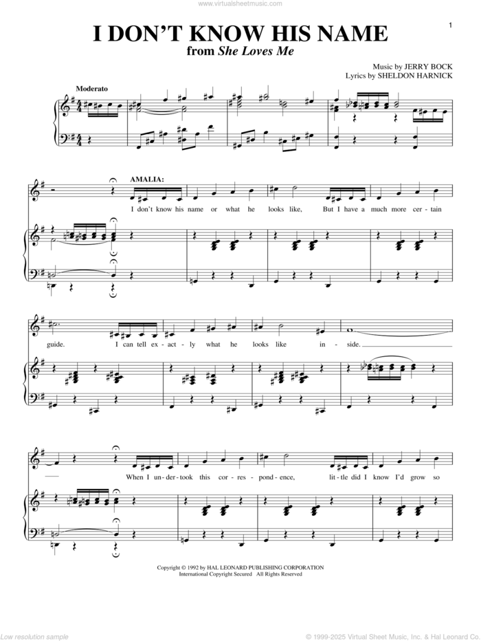 I Don't Know His Name sheet music for voice and piano by Sheldon Harnick, Jerry Bock and She Loves Me (Musical), intermediate skill level