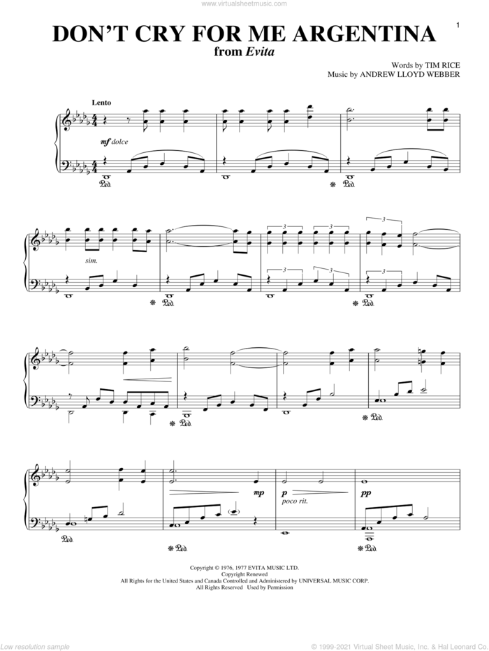 Don't Cry For Me Argentina sheet music for voice and piano by Andrew Lloyd Webber, Evita (Musical) and Tim Rice, intermediate skill level