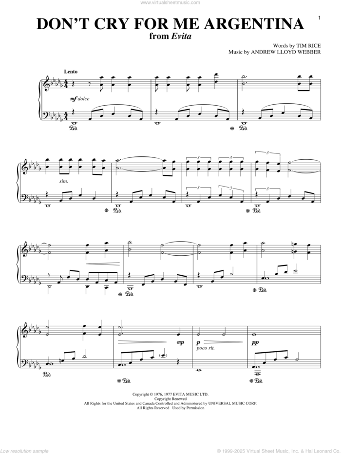 Don't Cry For Me Argentina (from Evita) sheet music for voice and piano by Andrew Lloyd Webber, Evita (Musical) and Tim Rice, intermediate skill level