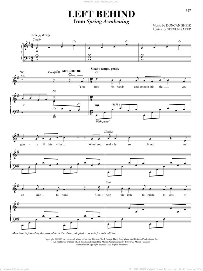 Left Behind sheet music for voice and piano by Duncan Sheik, Spring Awakening (Musical) and Steven Sater, intermediate skill level