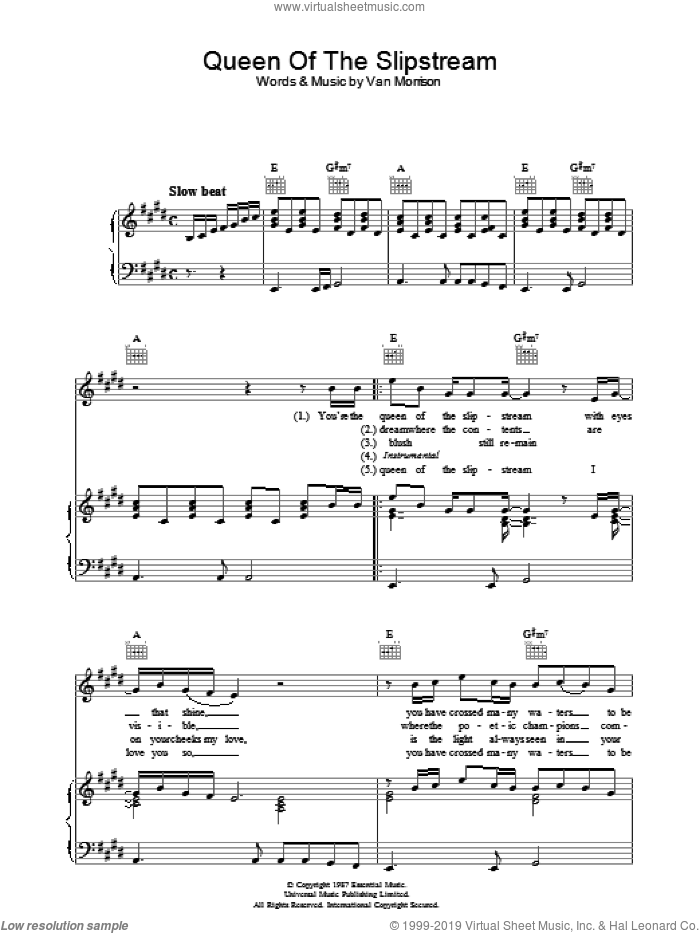 Queen Of The Slipstream sheet music for voice, piano or guitar by Van Morrison, intermediate skill level
