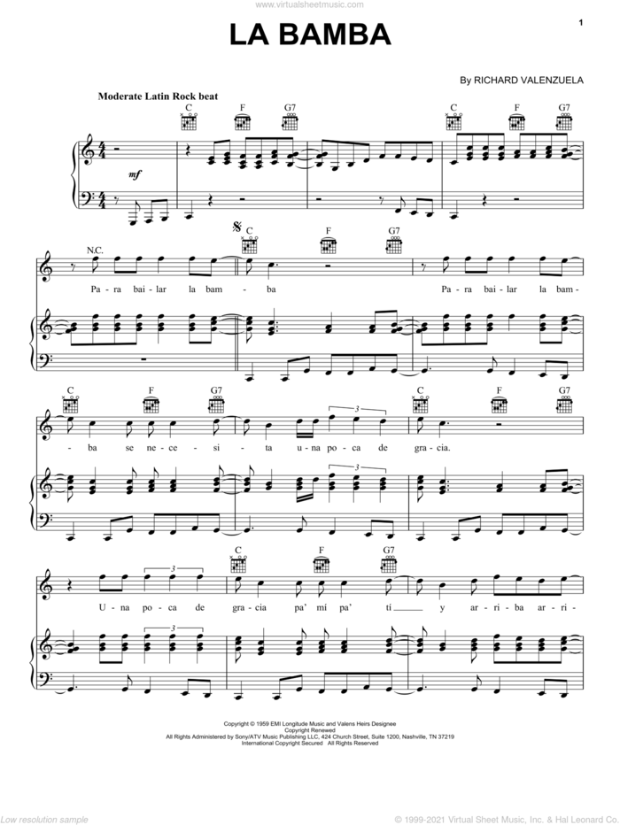 La Bamba sheet music for voice, piano or guitar by Ritchie Valens and Los Lobos, intermediate skill level
