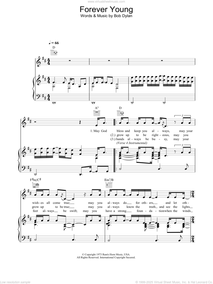 Forever Young sheet music for voice, piano or guitar by Bob Dylan, intermediate skill level