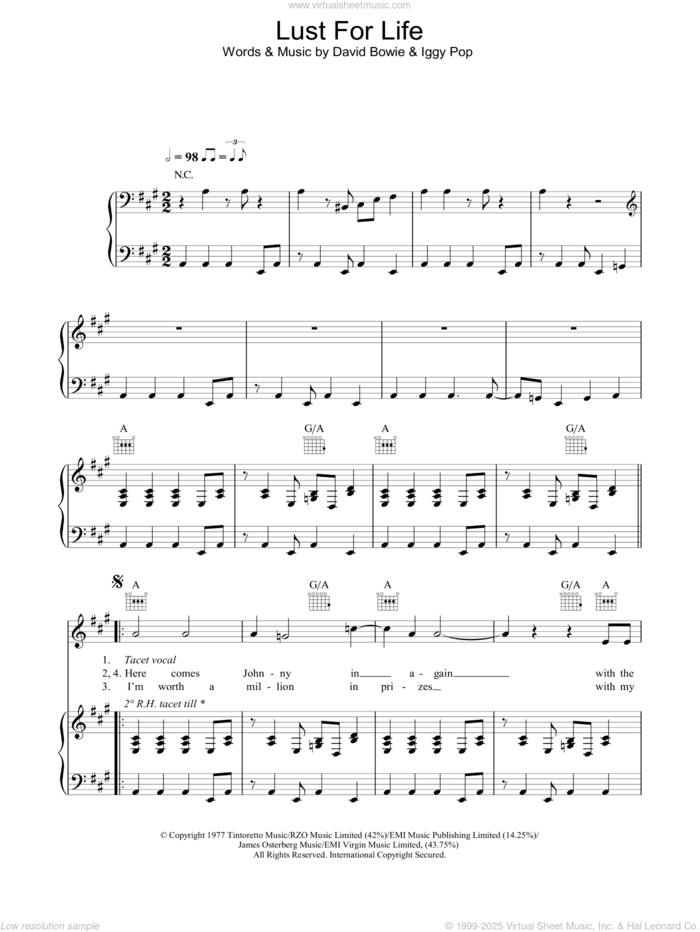 Lust For Life sheet music for voice, piano or guitar by Iggy Pop and David Bowie, intermediate skill level