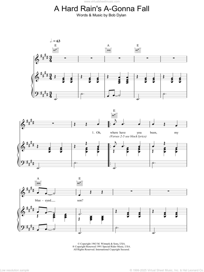 A Hard Rain's A-Gonna Fall sheet music for voice, piano or guitar by Bob Dylan, intermediate skill level