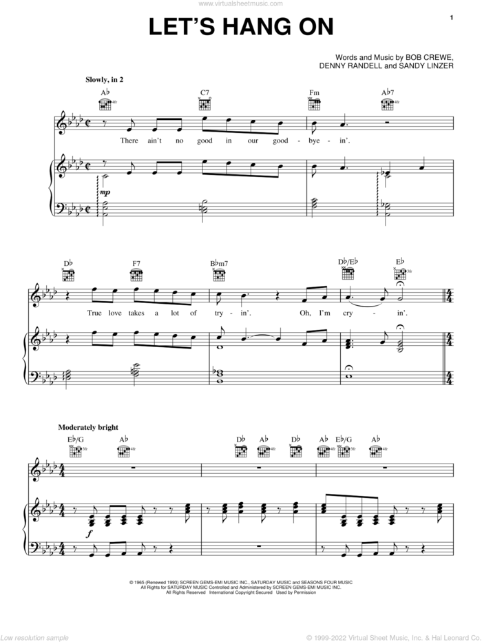 Let's Hang On sheet music for voice, piano or guitar by Manhattan Transfer, The 4 Seasons, Bob Crewe, Denny Randell and Sandy Linzer, intermediate skill level