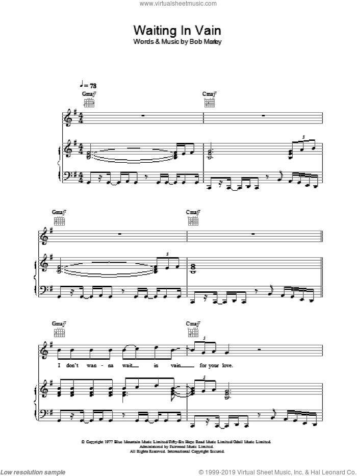 Waiting In Vain sheet music for voice, piano or guitar by Bob Marley, intermediate skill level