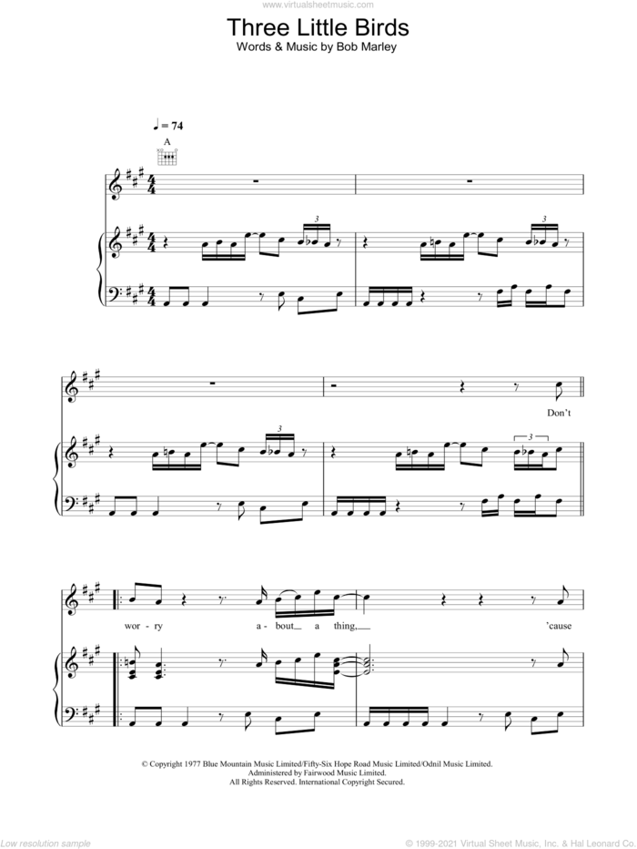Three Little Birds sheet music for voice, piano or guitar by Bob Marley, intermediate skill level